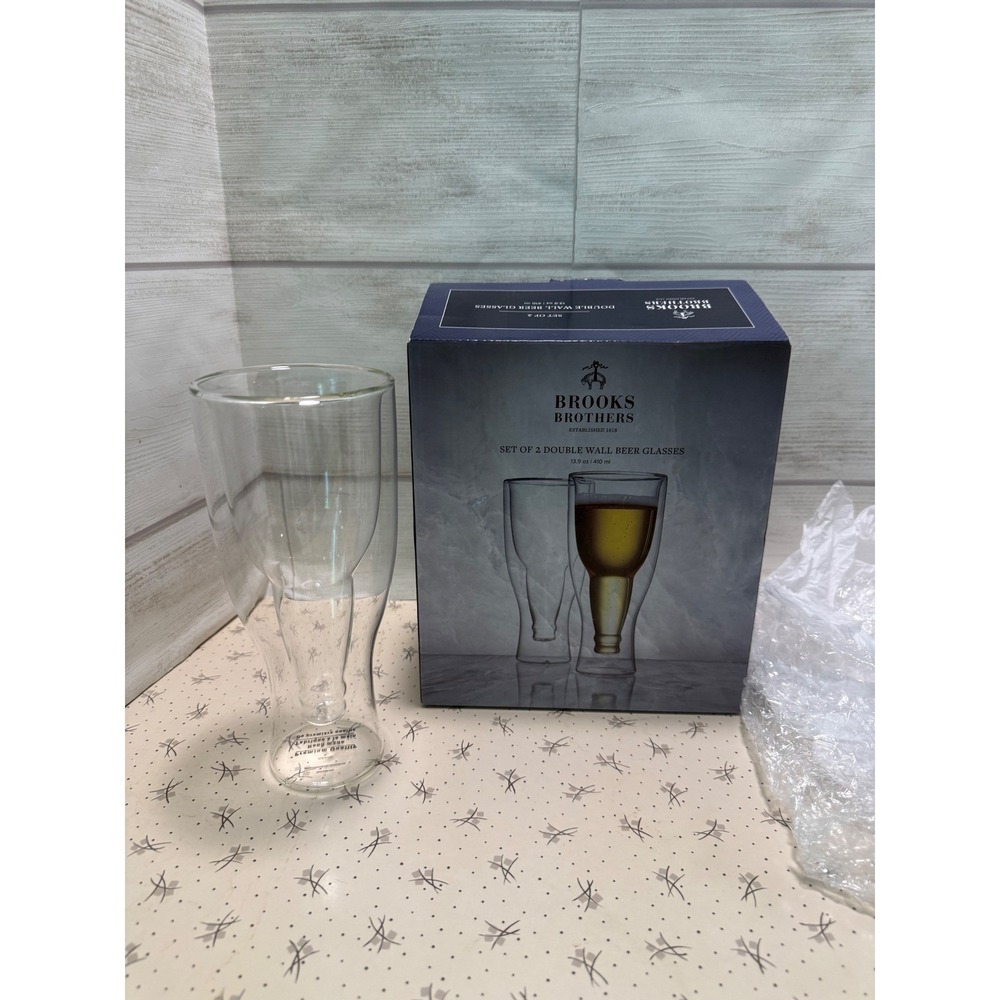 Brooks Brothers Set of 2 Double Wall Beer Glasses 13.9 oz‎ Clear Glass NIB